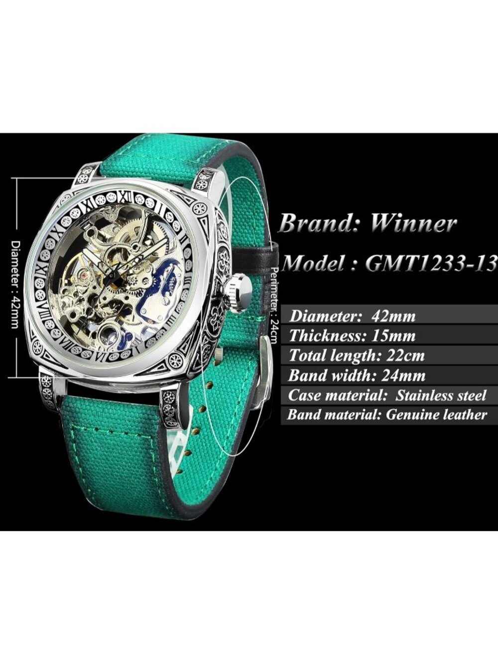 Men's Green Square Mechanical Leather Strap Self-Wind Carved Automatic Watch - Picture 6 of 7